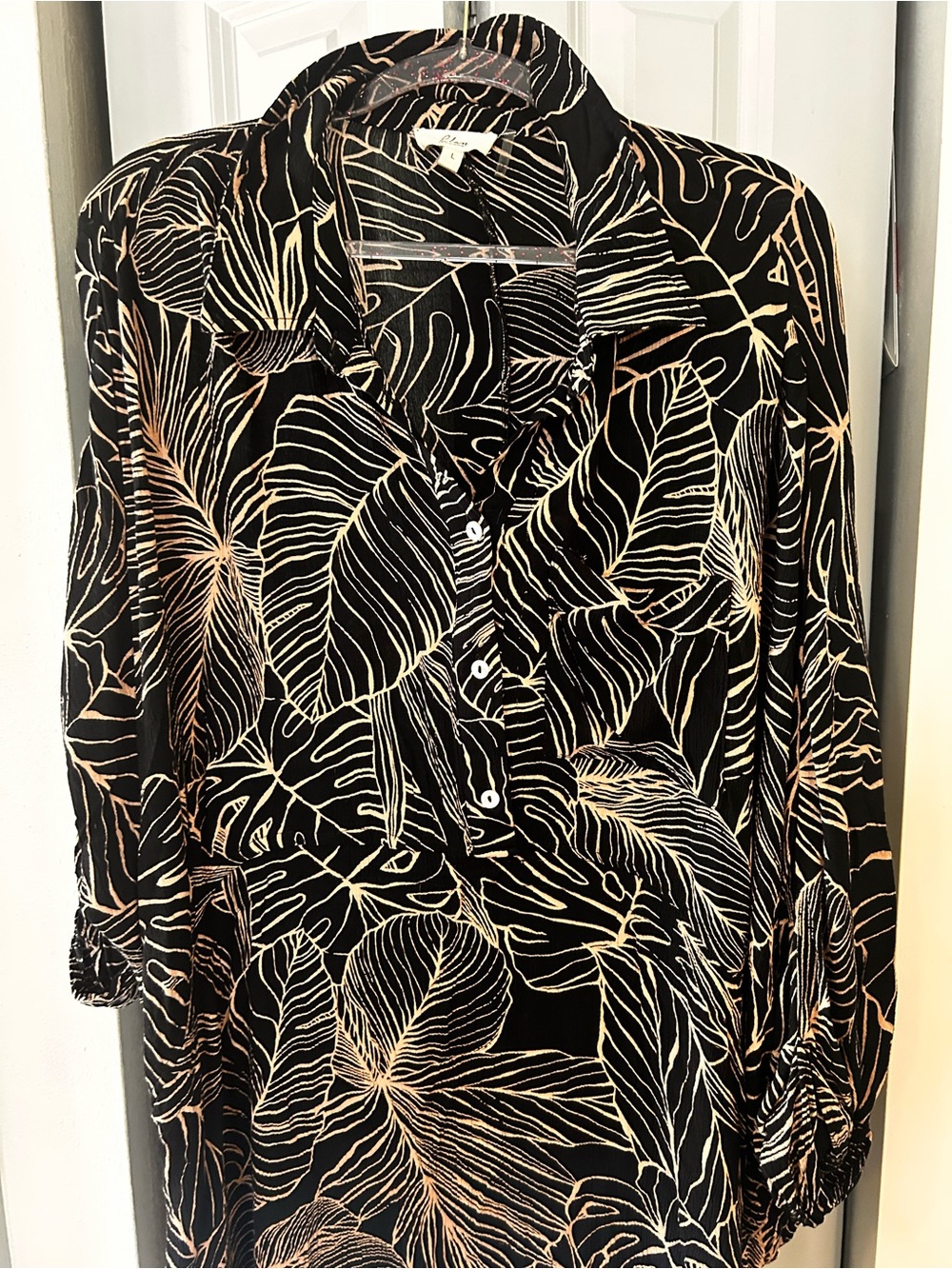 Elan Tropical Leaf Print Button-Front Dress- Black & Cream